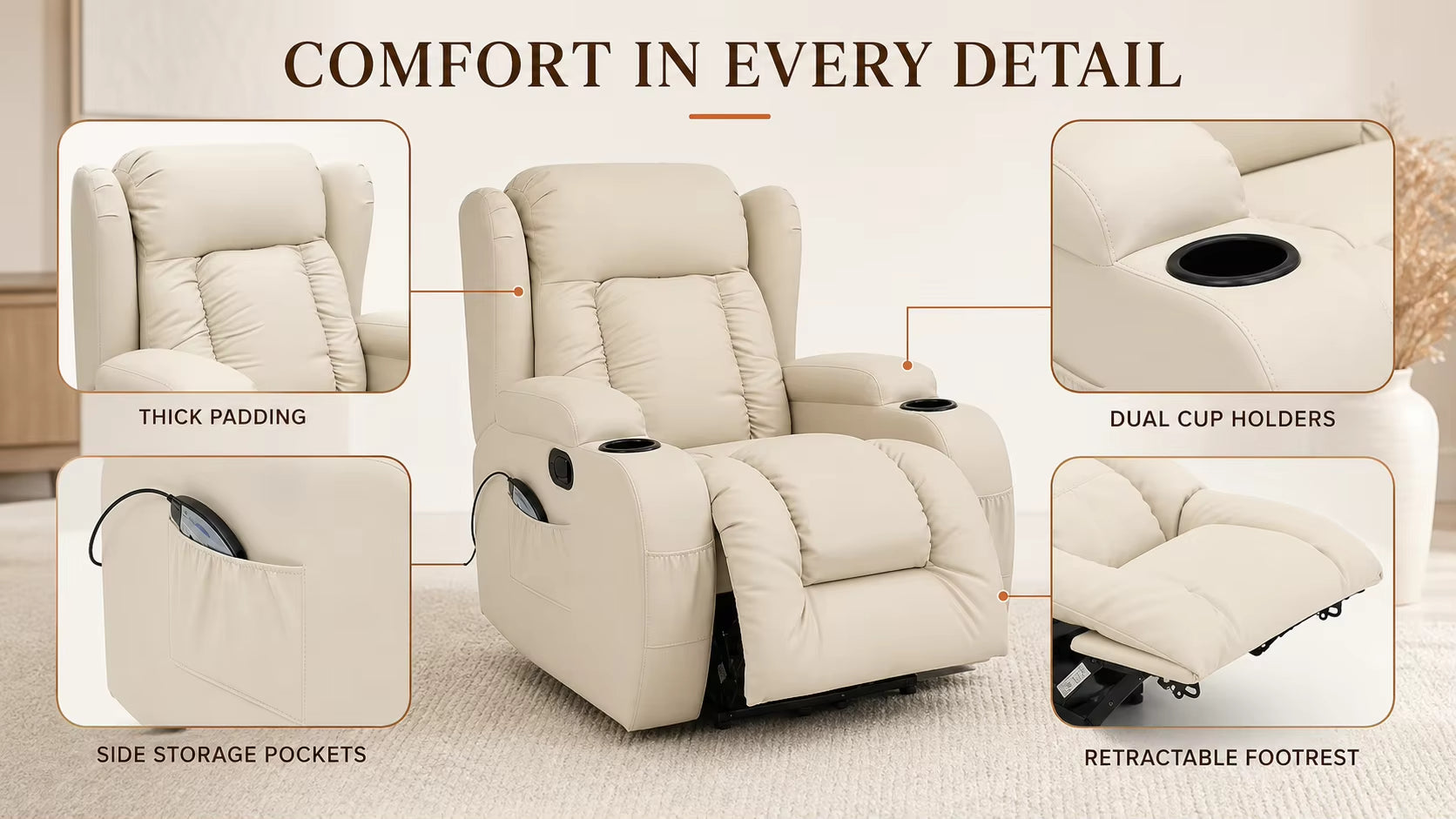 PU Leather Recliner Chair, Overstuffed Wide Single Recliner Home Theater Seat Sofa for Living Room
