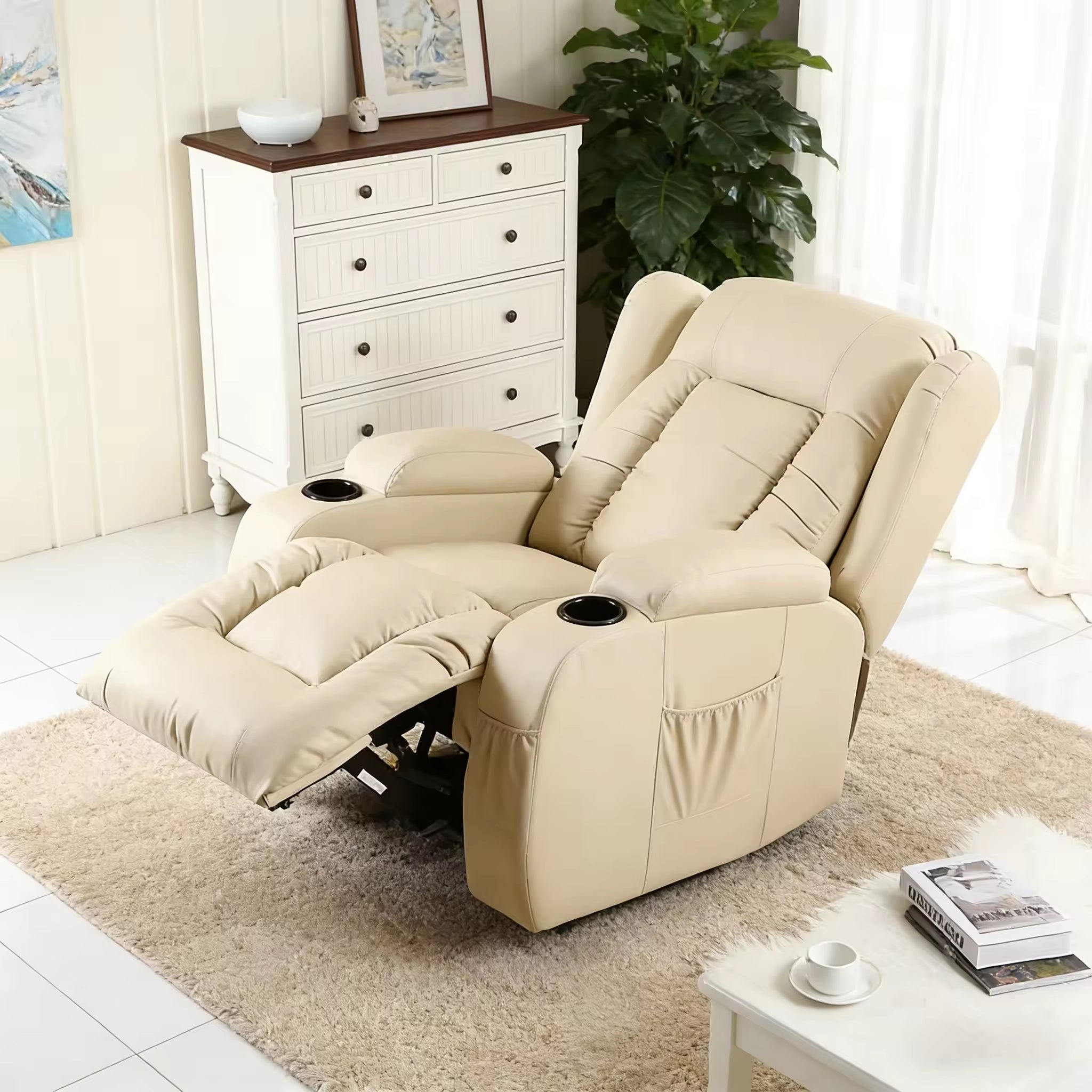 PU Leather Recliner Chair, Overstuffed Wide Single Recliner Home Theater Seat Sofa for Living Room